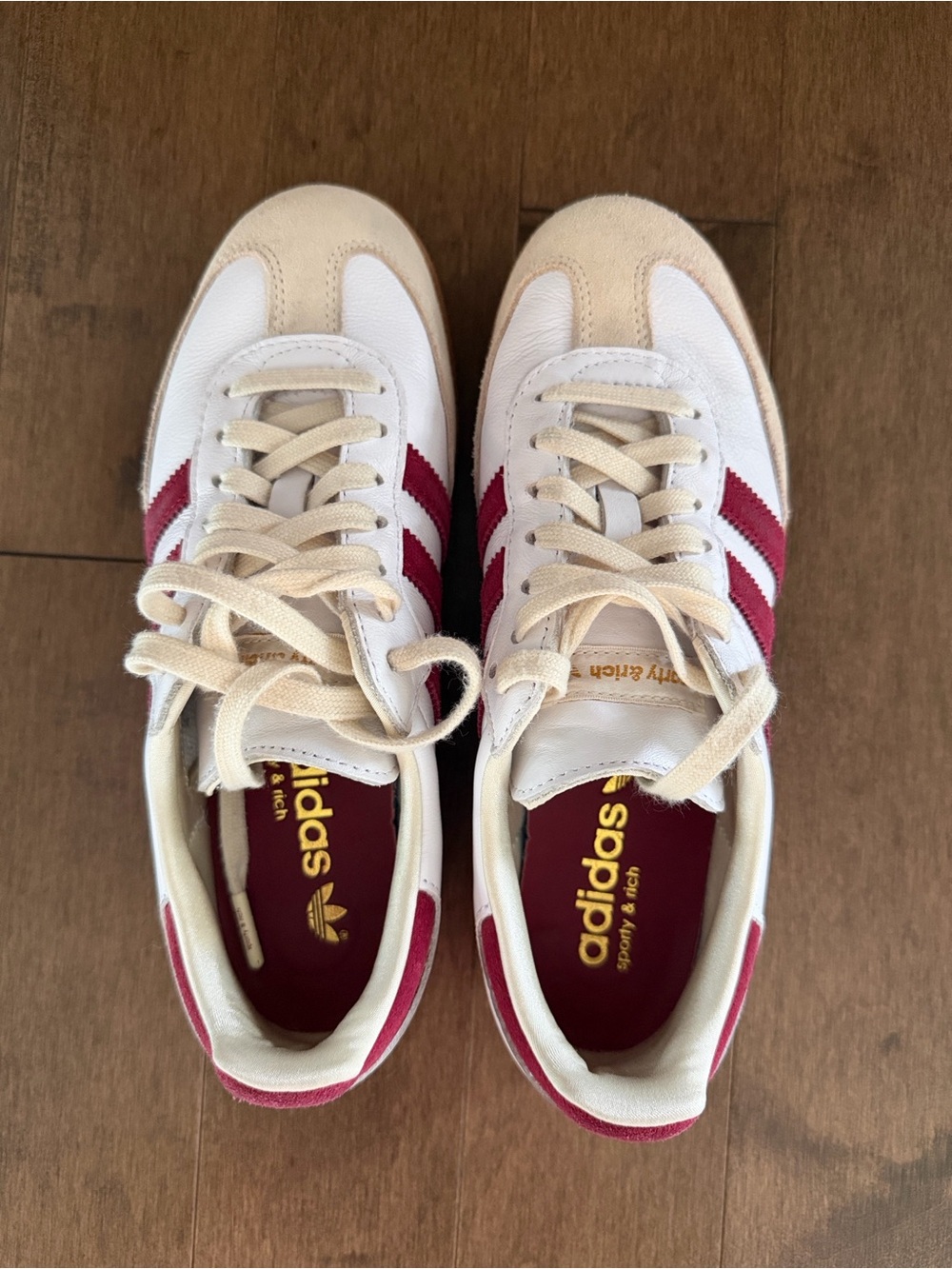 Adidas Samba Sporty & Rich Sneakers in White, Cream & Burgundy.